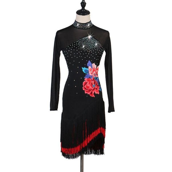 

stage wear custom long sleeve lace tassel embroidery latin dance dress women tango salsa samba rumba fringe competition performance dresses, Black;red