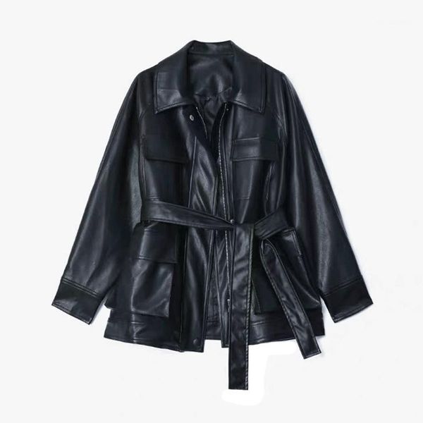 

men's fur & faux male japan korea style hip hop belt leather coat outerwear men streetwear fashion casual loose pocket cargo jacket1, Black
