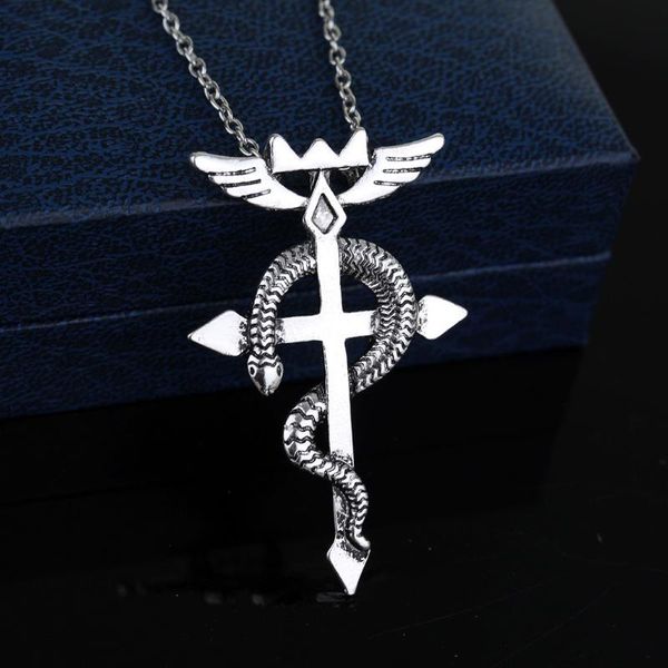 

pendant necklaces anime fullmetal alchemist edward elric necklace cosplay snake cross vintage accessories for fans women men gift, Silver