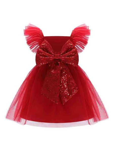 

baby ruffle trim contrast sequins bow back mesh gown dress she, Red;yellow