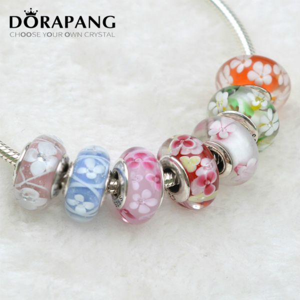 

2021 new fashion loose beads 925 sterling silver seven colors flower optional glass charm bead fit european bracelet gift 0056-0063, Bronze;silver