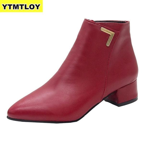 

fashion women casual leather low high heels spring shoes woman pointed toe rubber ankle boots black red zapatos mujer y200115