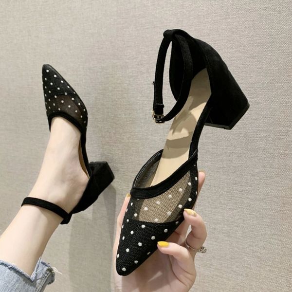 

women mesh pointed toe pumps female polka dot shoes ankle buckle strap comfortable breathable high heel casual ladies footwear #gn64, Black