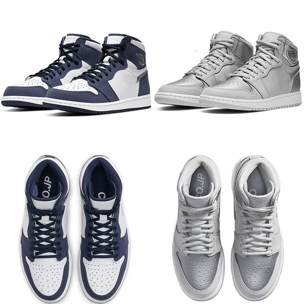

2020 co.jp x shoes mens 1 og high midnight navy metallic silver white toe sports sneakers trainers size 36-45