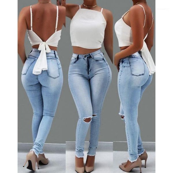 

skinny pencil pants jeans for women high waist ripped holes denim trousers women fashion elastic jean1, Blue