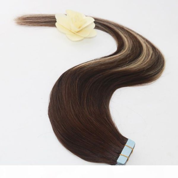 

evermagic 20pcs 50g two tone color#3 fading to #24 mixed honey blonde colorful highlight balayage seamless tape in human hair extensions, Black
