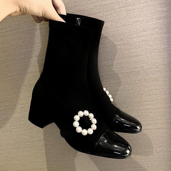 

boots ladies woman round toe platform flats pearl short boots for women fabric stretch ankle boot low heel1, Black