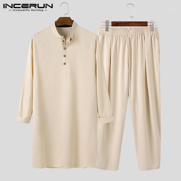 

men muslim sets stand collar solid color long sleeve robe long pants islamic arab kaftan sets men clothes 2 pieces incerun s-5xl1, Red