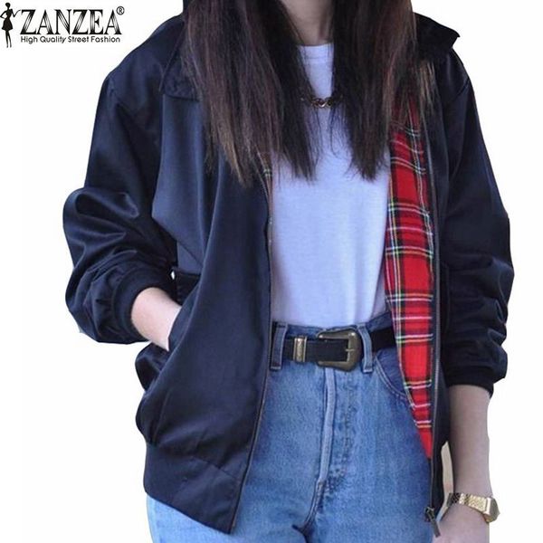 

wholesale- zanzea fashion coats autumn women casual outerwear long sleeve tartan lined zippered pockets bomber jacket coat plus, Black;brown