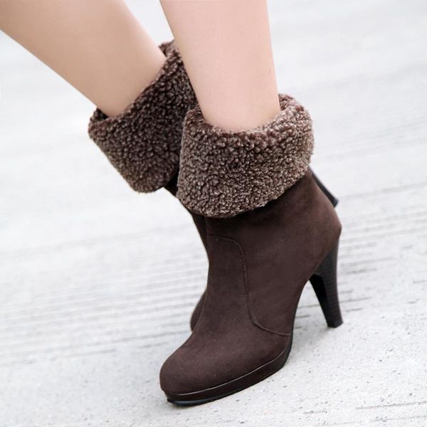 

women fur snow boots winter warm 2021 ladies suede high heels boots female comfort wool simple mid calf shoe plus size 34-44, Black