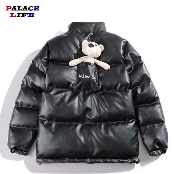 

hip hop parka pu leather jackets men streetwear warm thick creativity pocket bear coats winter harajuku jacket outwear black1, Black