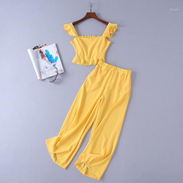 

new 2018 designer runway suit set women's camis crop wide leg pants set1, White