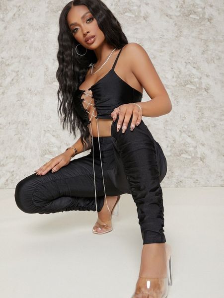 

sxy rhinestone lace-up crop & ruched leggings set q3z9#, White