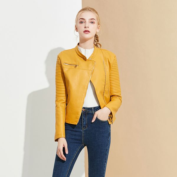 

2021 new women yellow faux jacket spring autumn female o-neck leather jackets biker coat gzvp, Black
