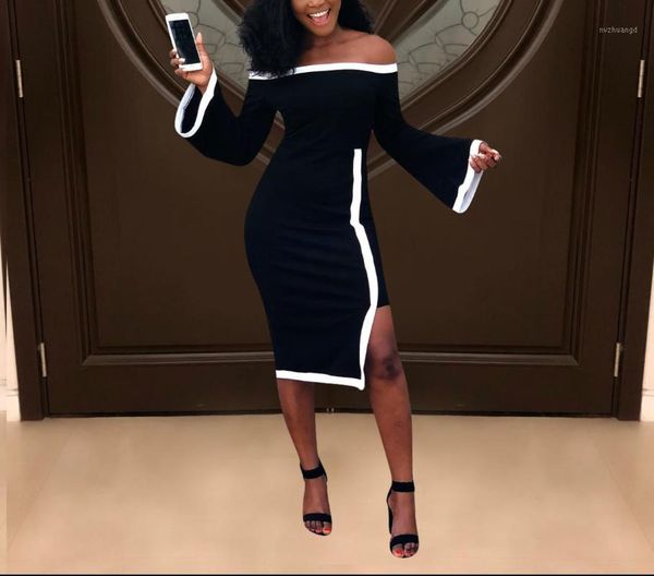 

new woman slim black off shoulder midi dress long sleeve dresses xl femme vestidos irregular office lady night club party1, Black;gray