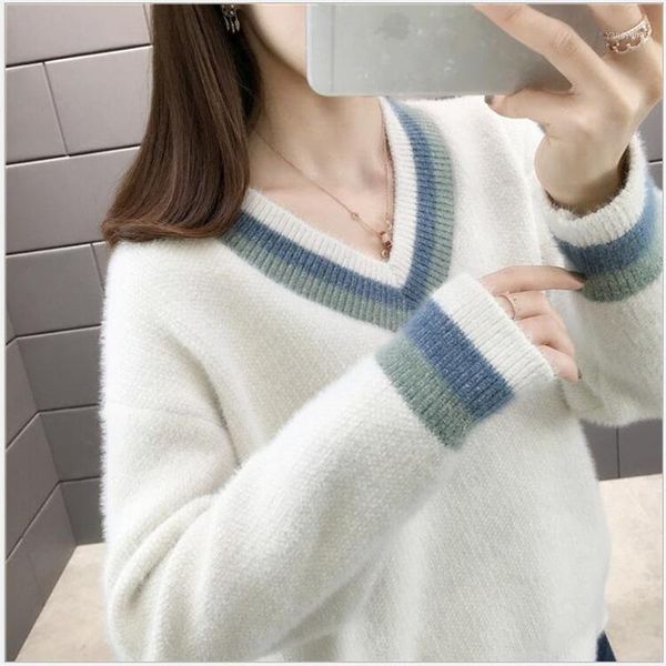 

autumn long sleeve jumper winter fashion striped knitted pullover women casual v neck sweater femme knitwear pull f1071, White;black