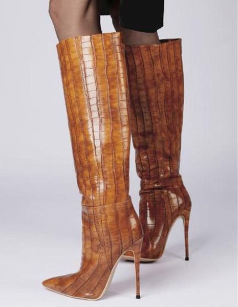 

brown crocodile pattern leather knee high boots pointed toe stiletto heel tall boots slip-on runway party dress shoes, Black