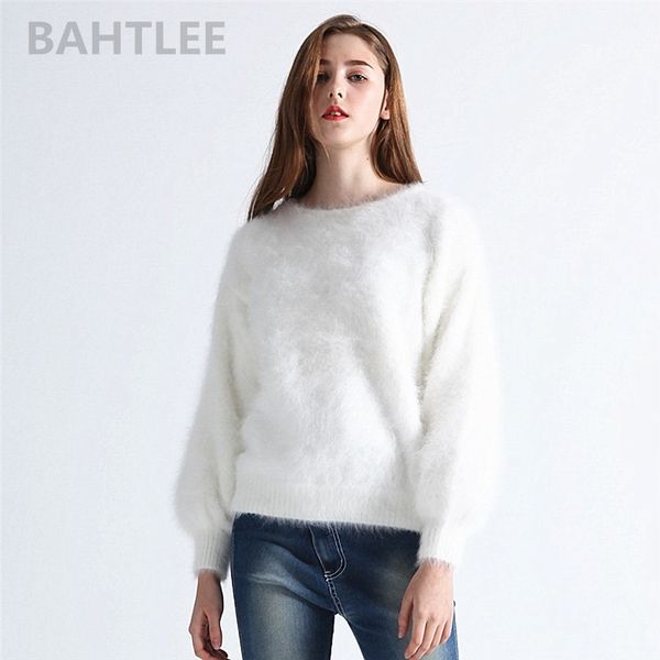 Bahtlee outono inverno mulheres angora coelho de malha pulôveres camisola o-pescoço lanterna manga mink cashmere grosso manter quente 201017