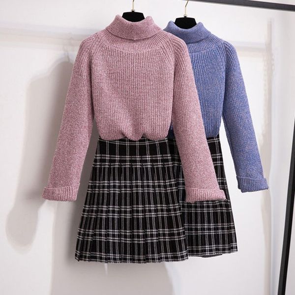 

zawfl new winter sets turtleneck thick loose long-sleeved sweater tweed cloth skirt suit women outfit knitwear fashion set c1015, Black;white