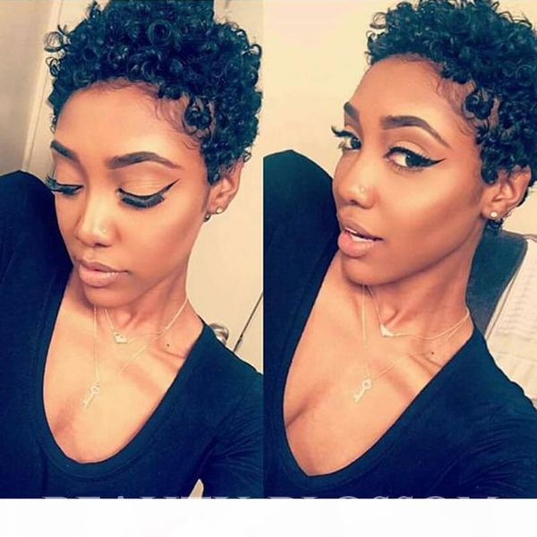 

afro curly short human hair wigs small curly wigs for black women brazilian pixie human hair lace wigs with bangs, Black;brown