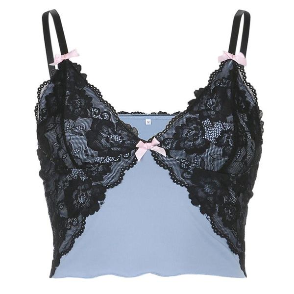 

women v neck sleeveless floral lace patchwork slim crop camisole vest, White