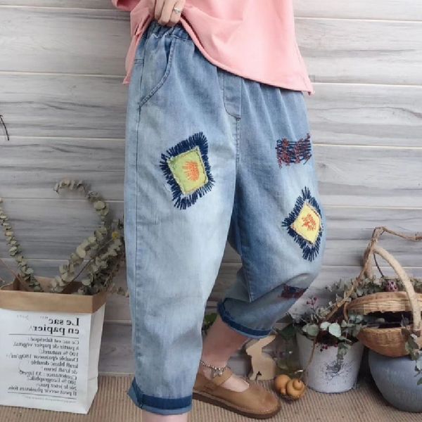 

2020 summer embroidered stretch waist jeans, Blue