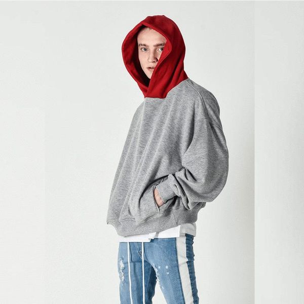 

men's hoodies & sweatshirts gray hooded casual pullover spring hoodie contrast color hip hop streetwear long sleeve male, Black
