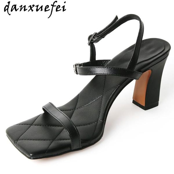 

dress shoes women's genuine leather ankle strap thick high heel open toe summer pumps narrow band metal buckle elegant ladies sandals, Black