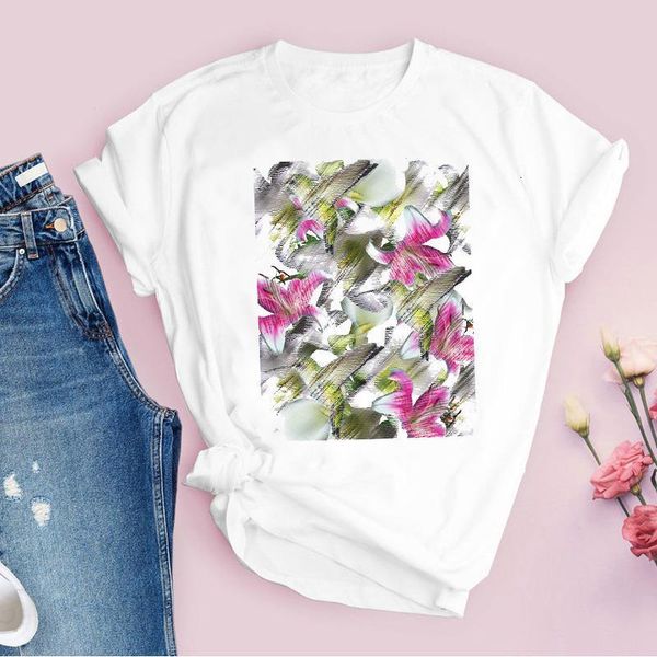 

women printing summer fall 90s graphic flower floral elegant print lady tees clothing female t shirt womens t-shirt, White