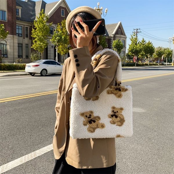 

women plush bear handbags lamb like fabric tote shoulder bags lady large capacity soft fur shopping bag cute book bag for girls