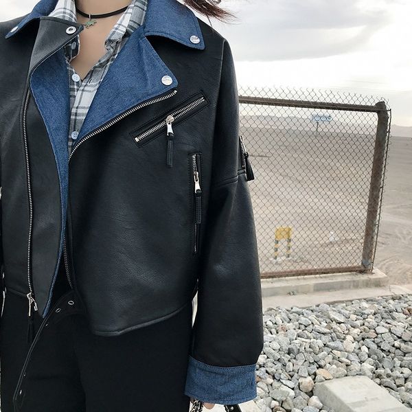 

2021 new autumn women streetwear black short faux soft leather jacket female biker coat v8ea