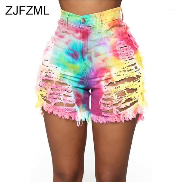 

rainbow tie dye print plus size denim short women fashion high waist hollow ripped jeans high street button zipper bandage pants1, Blue