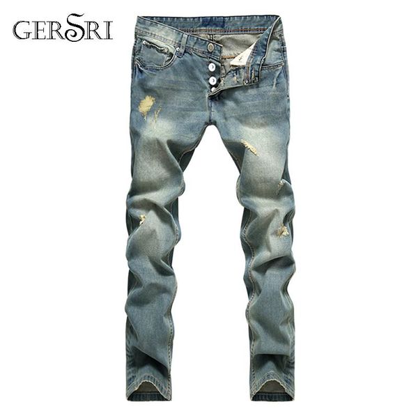 

gersri european american style popular fashion jeans hole spliced jeans straight mens blue pants men's