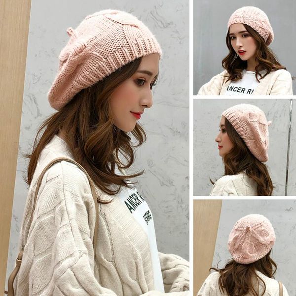 

warm winter women's plain color knitted breathable beret hat casual acrylic berets for ladies french artist beret hats casquette, Blue;gray