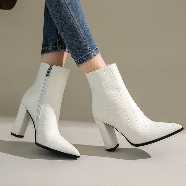 

2020 new fashion women shoes sqaure high heel ankle boots faux leather pointed toe heels autumn winter ladies boots, Black