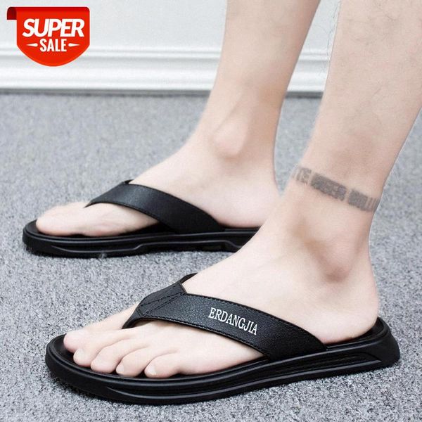 

hkxn 2020 new summer rubber flip flops men's casual personality tide male non-slip beach slippers black soft leather slides t02 #ez3o