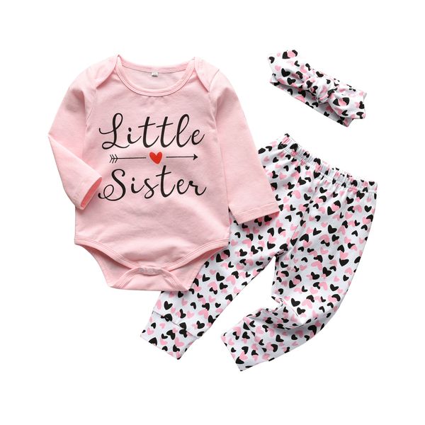 

3pcs newborn baby girls clothes set long sleeve letter little sister romper+love printed pants+headband infant toddler clothing 1021, White
