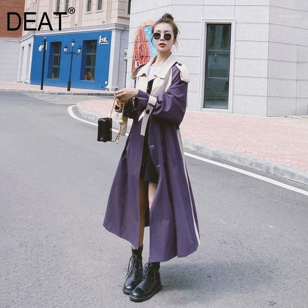 

deat] purple hit color trench coat women with sashes full sleeve lapel collar loose casual wild long 2020 new autumn tide tu1791, Tan;black