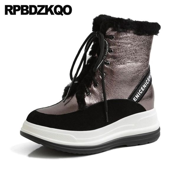 

big size flatform women plus muffin shoes plush front lace up casual ankle boots autumn real fur harajuku 10 platform patchwork, Black
