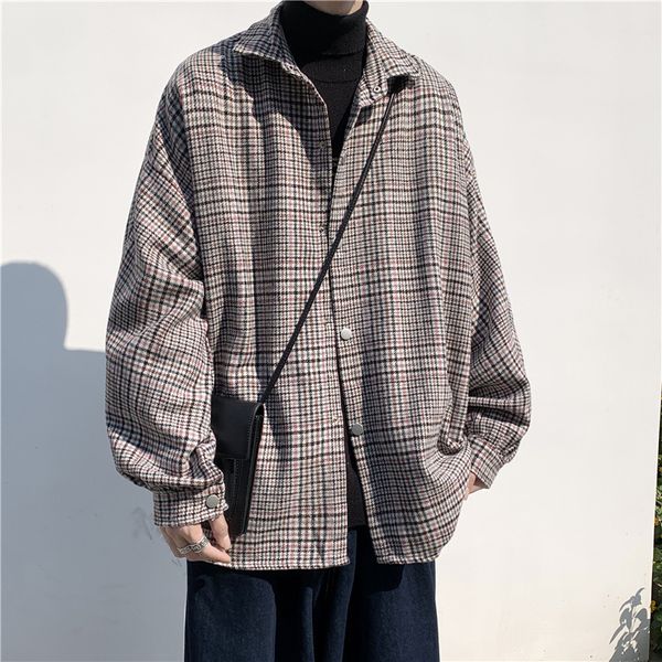 

autumn winter new ins brand tweed shirt men's korean fashion youth loose and versatile jacket, White;black