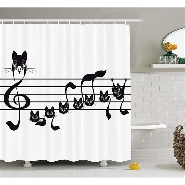 Banheiro cortinas cortina de chuveiro com simples notação musical nota notas de música gato arte, pontuação de piano, em pano branco t200711