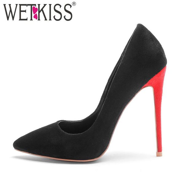 

wetkiss 2021 new stiletto heels women pumps flock pointed toe shallow slip on shoes fashion footwear party female shoes, Black