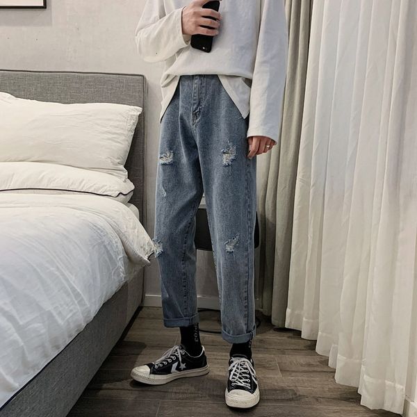 

hole men's loose jeans fashion brand summer thin capris korean trend versatile handsome straight pants, Blue