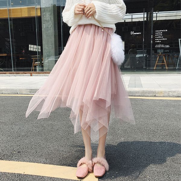 

2021 new tulle autumn elegant midi female pink high waist pleated skirts for women school office skirt e5kg, Black