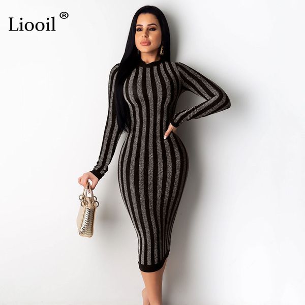 

liooil striped bodycon midi dress 2021 spring long sleeve o neck zipper tight fitted dresses woman party night club outfits lj201203, White;black