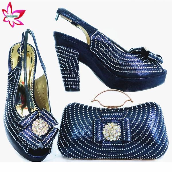 

2020 african summer new arrivals shoes with matching bags set nigerian women's party shoes and bag sets with shinning crystal, Black
