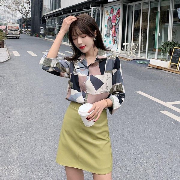 

summer new fashion women street geometric print shirt long sleeve loose chiffon blouse casual feminina blusa1, White