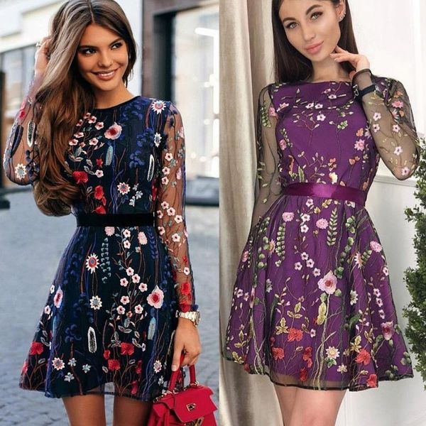 

women's elegant embroidery lace joint long-sleeved dresses a-line elegant gauze patchwork party dress mujer vestido1, Black;gray