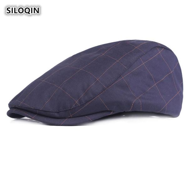 

berets siloqin men's cap spring autumn middle aged elderly fashion cotton adjustable size simple plaid cloth dad's caps, Blue;gray