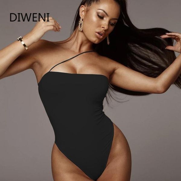 

sexy club party black bodysuits женщины autumn2020 рукавов одно плечо короткий комбинезон дикий стрейч тонкий трико mujer, Black;white